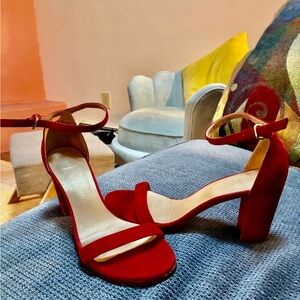 Stuart Weitzman Red Suede Ankle-Strap Block Heels